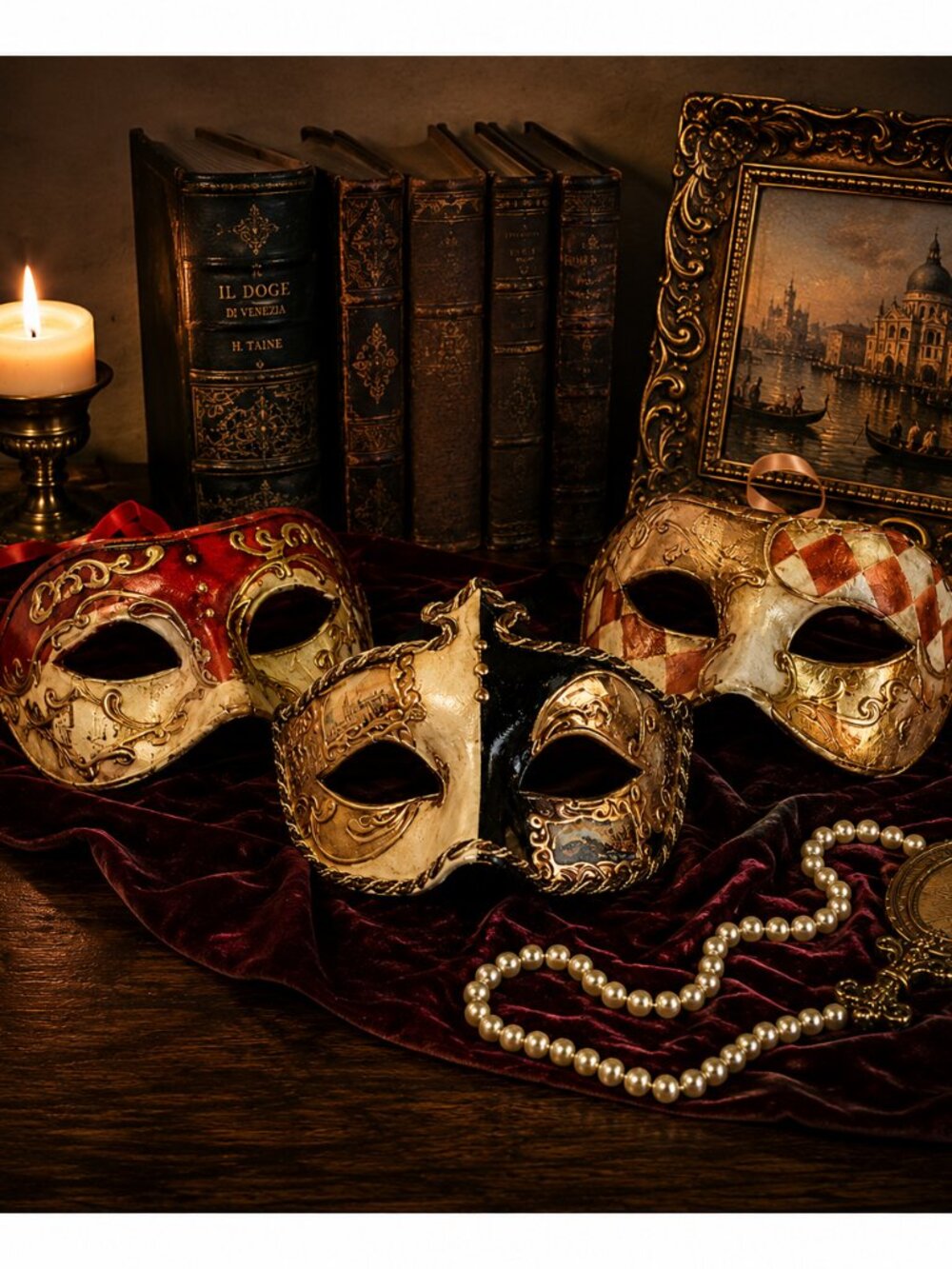 Vintage Style Handmade Venice Italy Venetian Carnival Masks Set of 3 Gold Baroqu